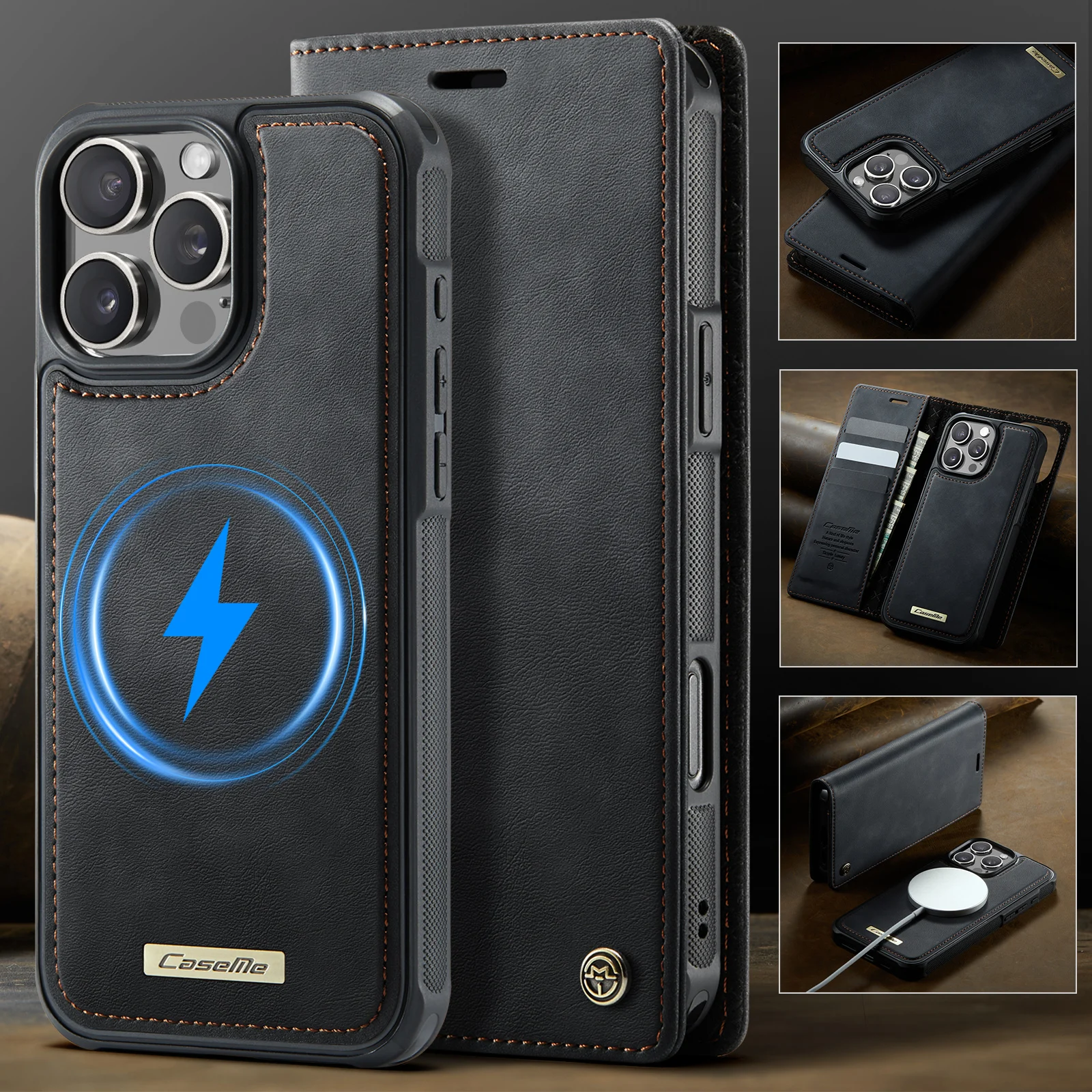 

CaseMe-C49 For iPhone 16e 15 14 13 Pro Max 12 11 ,Magnetic 2 in 1 Removeable Flip PU Leather Wallet Case Card Slots Holder Cover