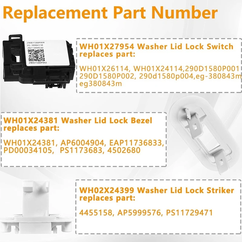 TKOH-WH01X27954 interruptor de bloqueo de tapa de lavadora WH02X24399 bloqueo de tapa de lavadora Striker WH01X24381 bisel de bloqueo de tapa de lavadora para GE Hotpoint