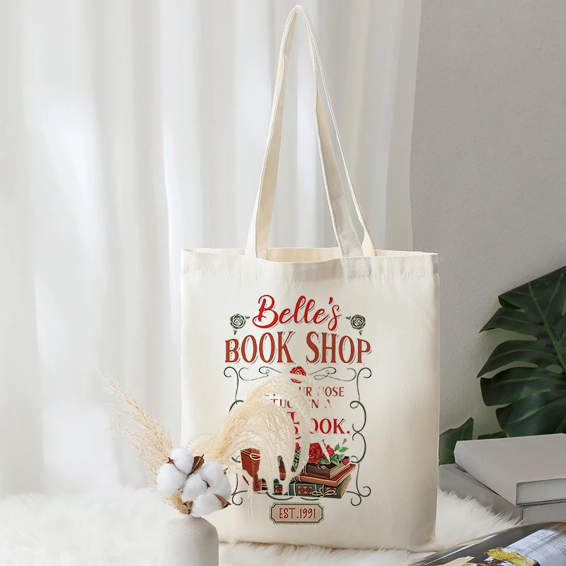 Princess Belle Inspired Bookworm Pattern Tote Bags Canvas Foldable Shoulder Bag for Women Travel Reusable Shopping Bag for Beach