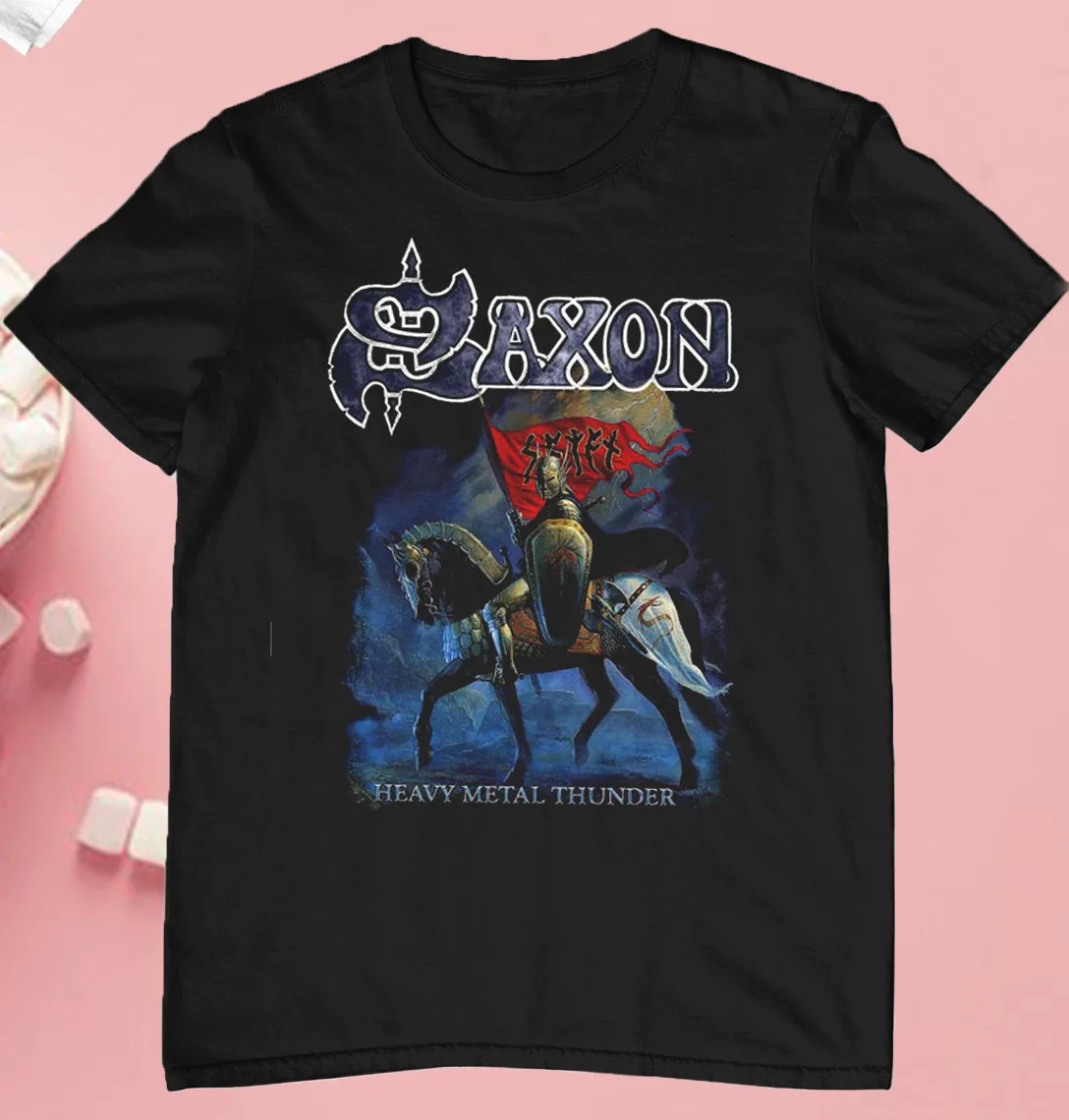 Rare SAXON Band Heavy Metal Black Unisex Shirt Short Sleeve Cotton
