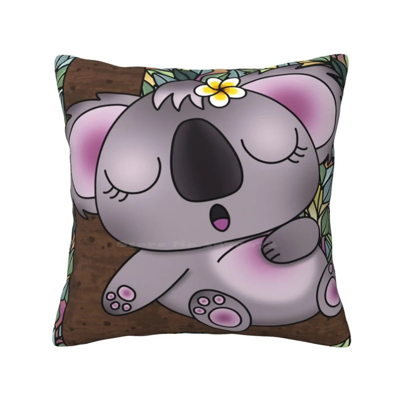 Lola The Koala Throw Cushion Pillow Cover Yogifolies Wild Animals Kawaii Cute Flower Plumeria Frangipani Koala Nap Sleeping