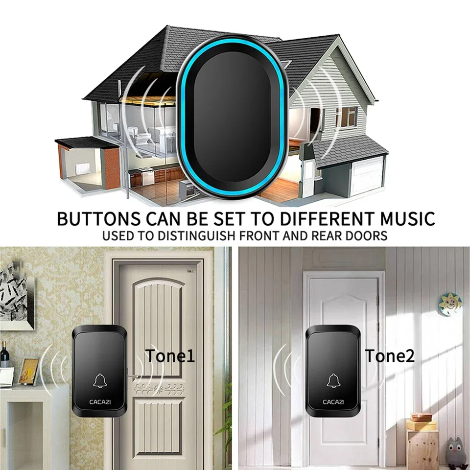 CACAZI Welcome Wireless Doorbell Waterproof 300M Remote 6 Button 1 Receiver 58 Chimes Intelligent House Wireless Call Doorbell