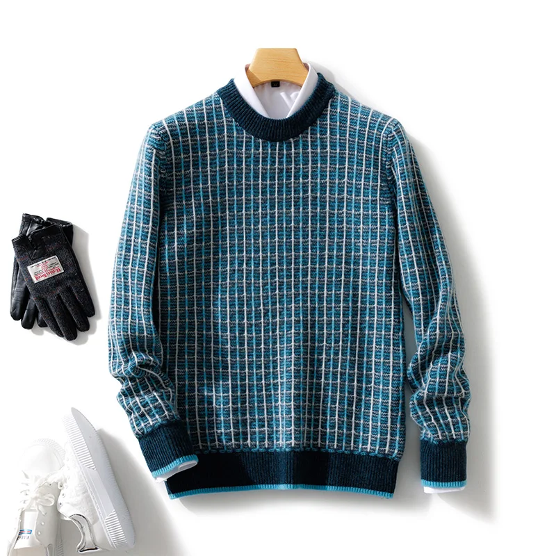 100% Merino Wool Men's Color-Blocking O-Neck Knitted Sweater Pullover Cashmere Fashion Long Sleeves Soft Casual Clothing Top
