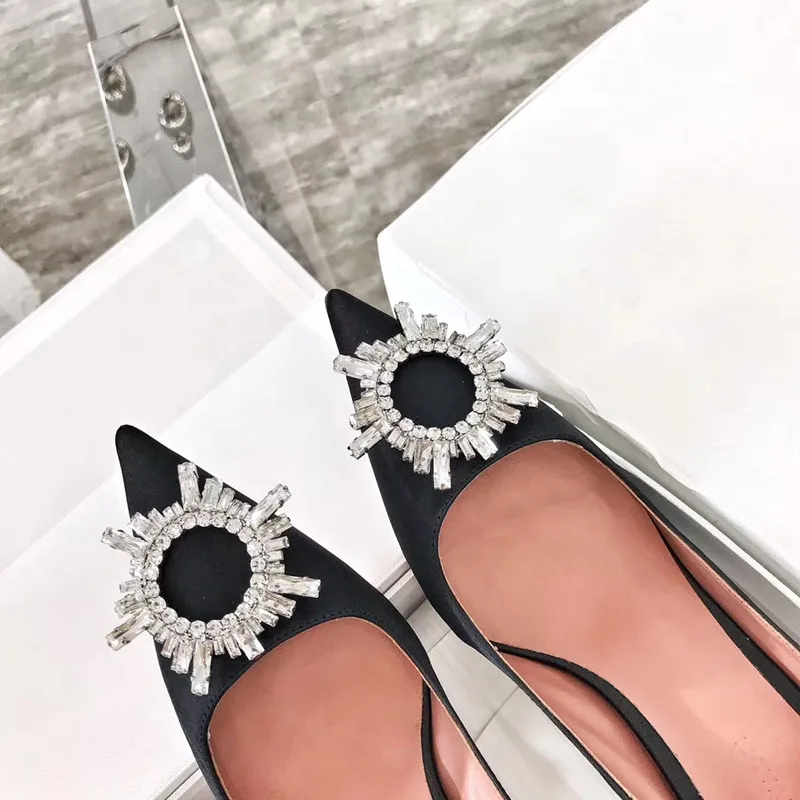 2023 New Sunflower Rhinestone Buckle High-heeled Shoes Pointy Ladies Satin Shoes for Wedding Party