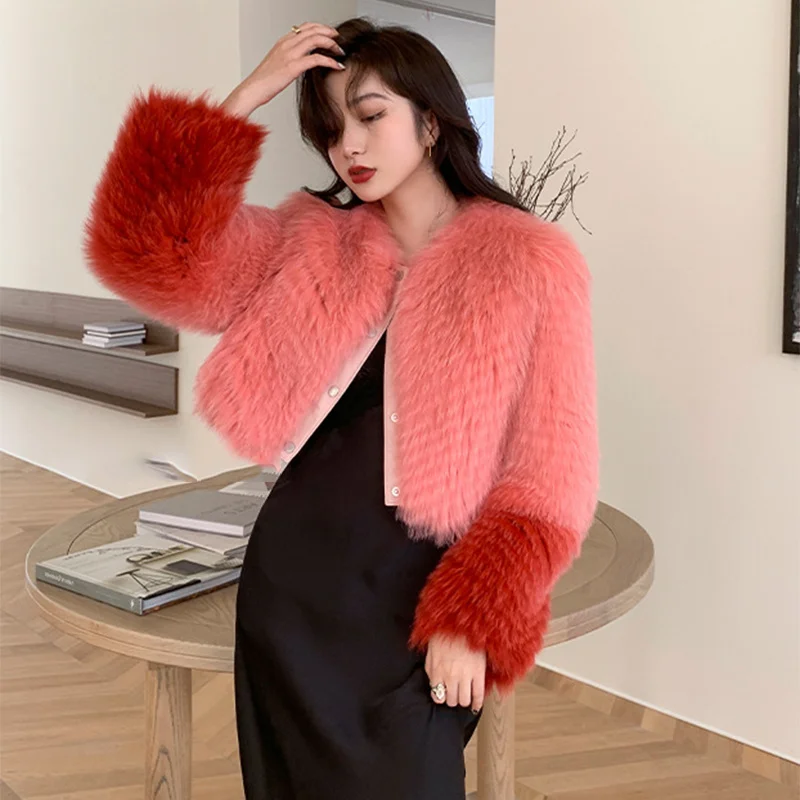 

Female Red Overcoat Fox Fur High Quality Short Gradual Change O-Neck Coat Single Breasted Slim Knitted Fox Fur Women's Jacket