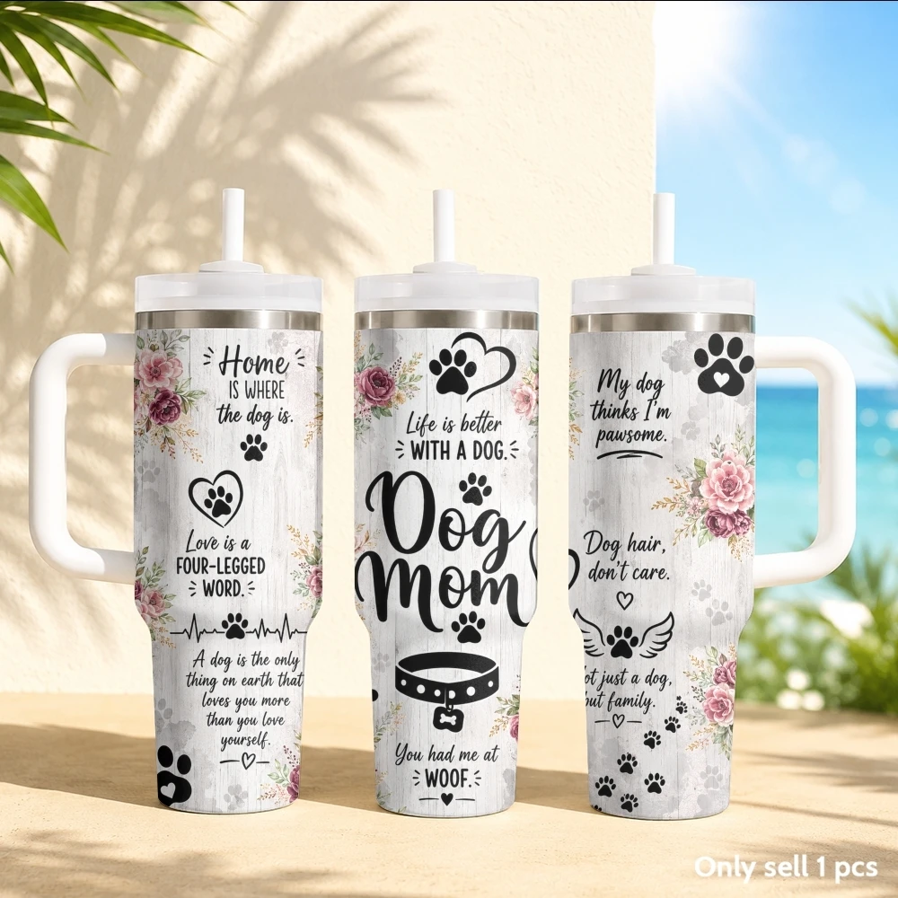 Dog footprint print Vacuum Flasks 40oz Stainless Steel Insulated Tumbler with Handle & Straw Leakproof Travel Mug
