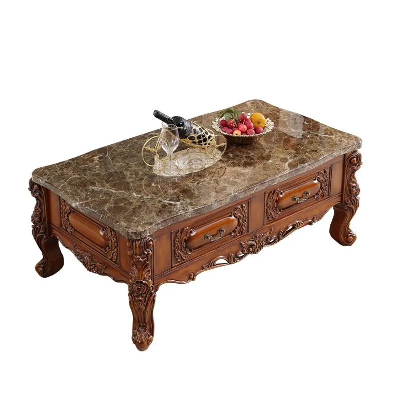 

European marble coffee table TV cabinet combination storage villa retro solid wood carving living room square table household