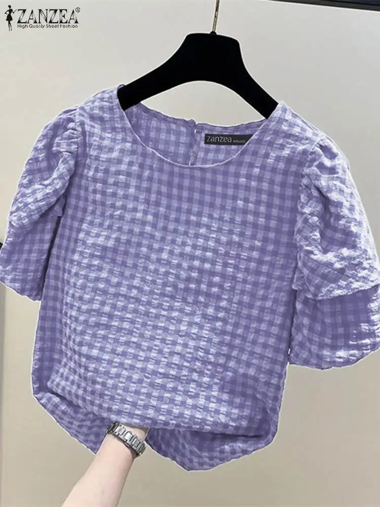 

ZANZEA Fashion Summer Plaid Checked Blouse Women Korean Stylish Short Sleeve Shirt Elegant Work Party Tops Female Loose Blusas