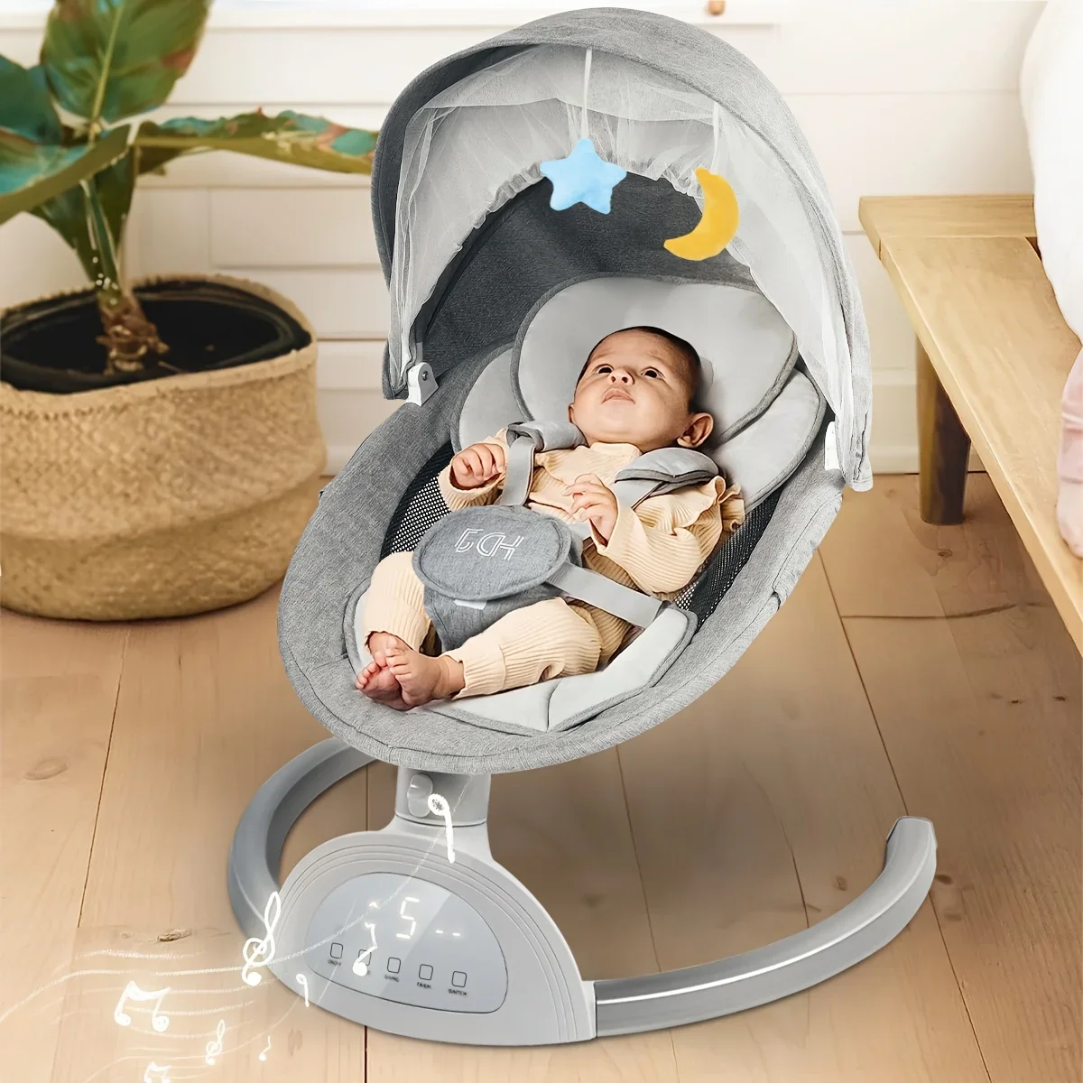 1pc Baby Swing Chair with 3 Positions, 5-Point Harness, 5 Speeds, Aluminum Alloy Frame, Portable Rocker with Musical Speaker