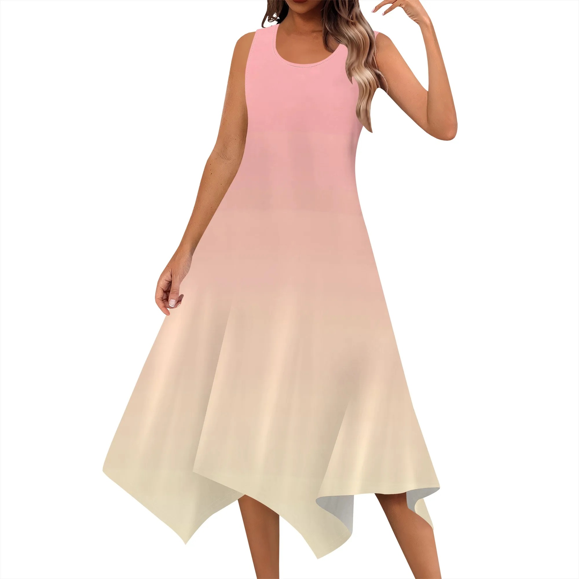 Abiti estivi midi da donna 2025 Abiti da spiaggia per le vacanze Abito casual ampio senza maniche Abito fluido alla moda