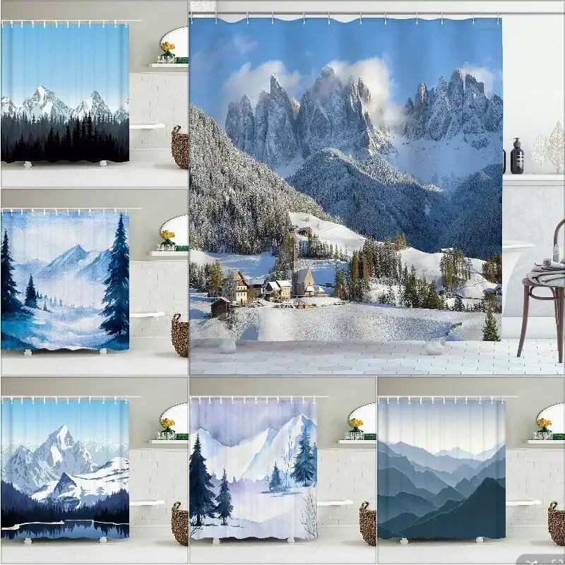 Winter Forest Shower Curtains Snow-covered Pine Alpine Peaks Idyllic Early Morning Scenery Seasonal Christmas Elk Bathroom Decor