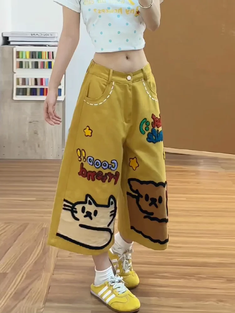 Spicy Girl Dopaamine Yellow Cartoon Embroidery Seven-Foot Denim Jeans Women Summer Design Loose Straight Leg Wide Leg Mid-Pants - view 5