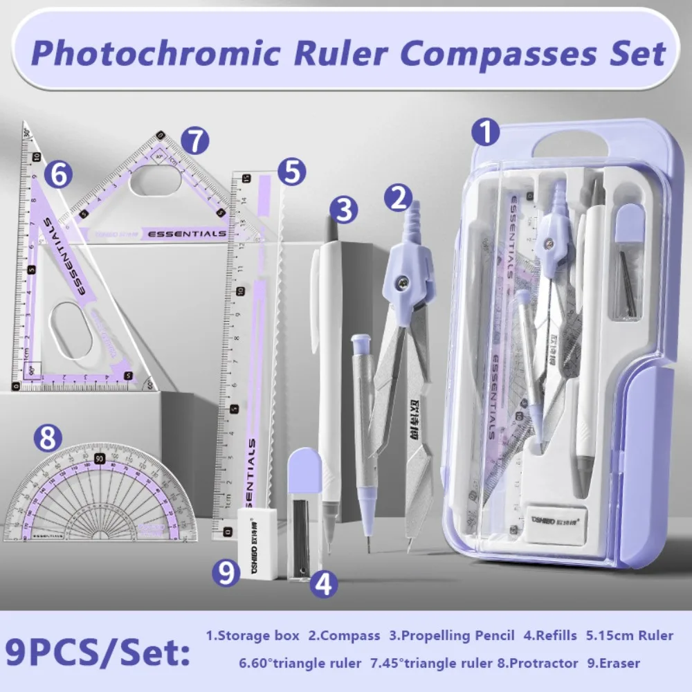 9PCS/Set Plastic Ruler Compasses Set Photochromic Eraser Protractor Straight Ruler Set Square Stationery Ruler Set Gift