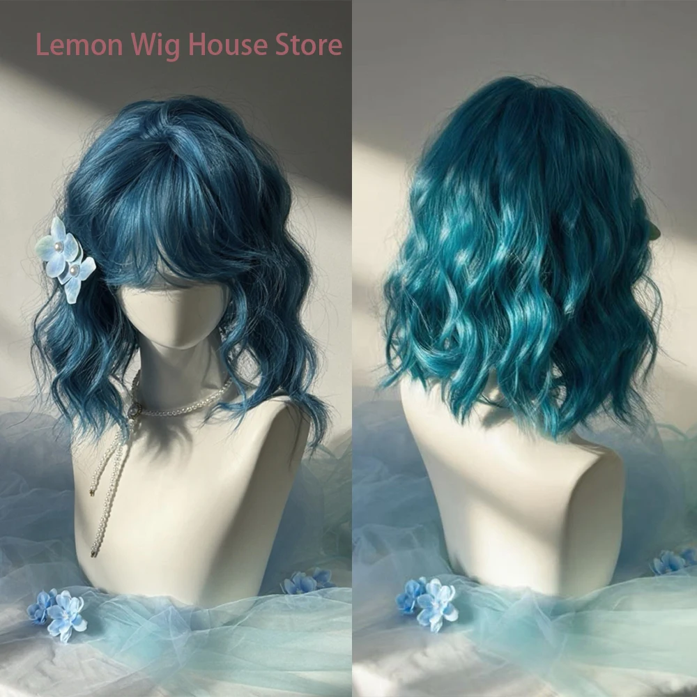 

Sea Blue Wavy Synthetic Wig with Bangs Short Curly Hair Lolita Wigs for Women Daily Party Halloween Cosplay Wig Heat Resistant