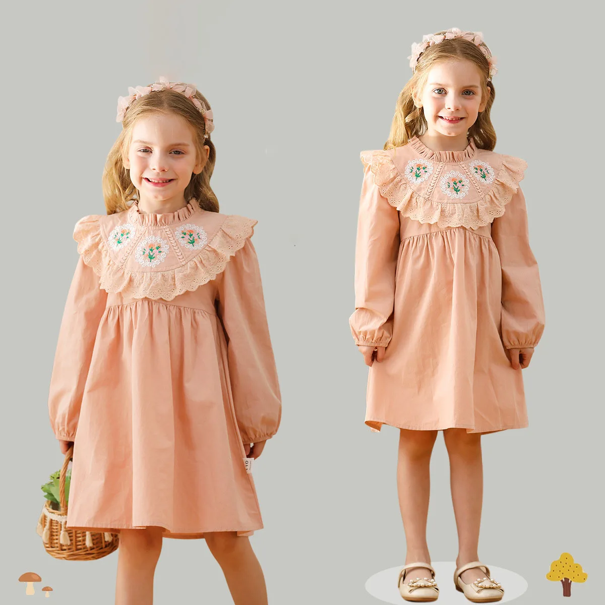 Baby Girl Dress Vintage Floral Embroidery Stand-Up Collar Autumn Clothing For Children Princess Dress Loose Kids Casual Dress