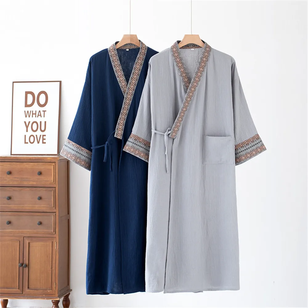 Japanese Style Kimono Cardigan Men's Nightwear Bathrobe Cotton Comfortable Home Suit Robe Sleepwear