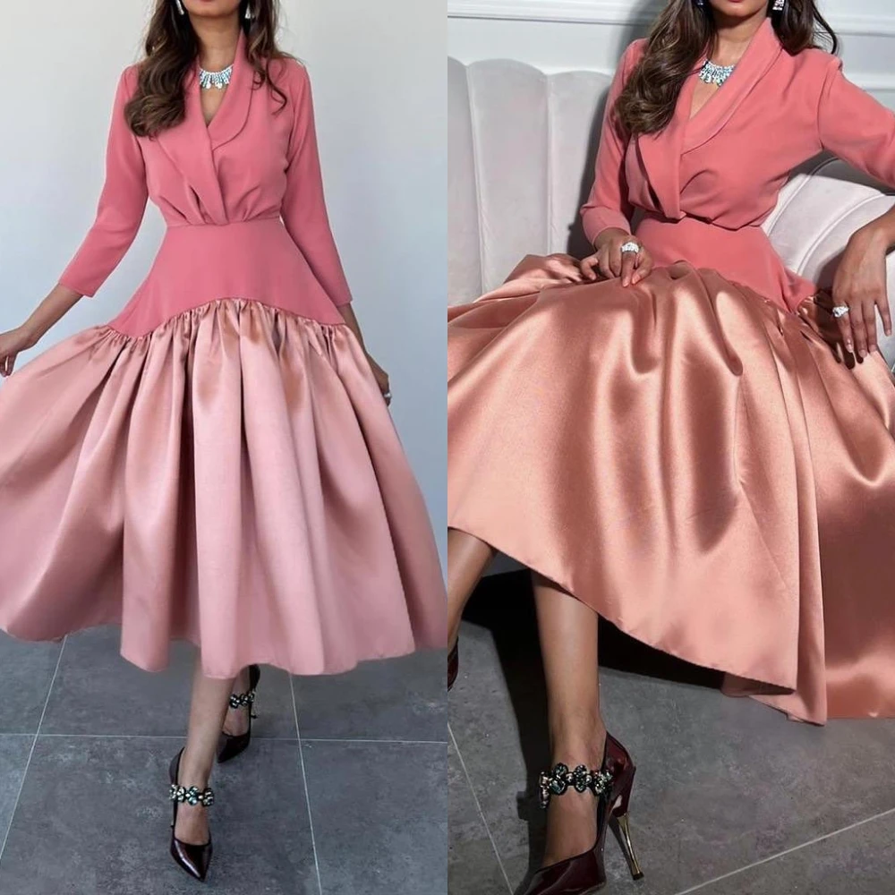 

Women Prom Available V-neck A-line Evening Dress Formal Ocassion Gown Pleat Satin vestidos de gala فساتين سهره فاخره 2023