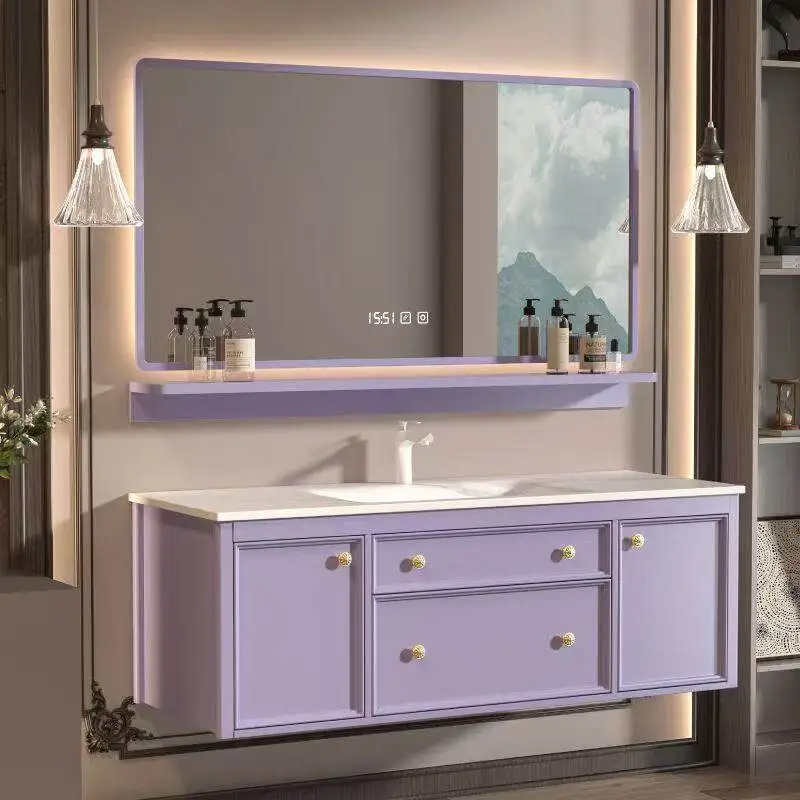 Wall-mounted bathroom cabinet combination, ceramic countertop, purple paint, multi-drawer storage washstand