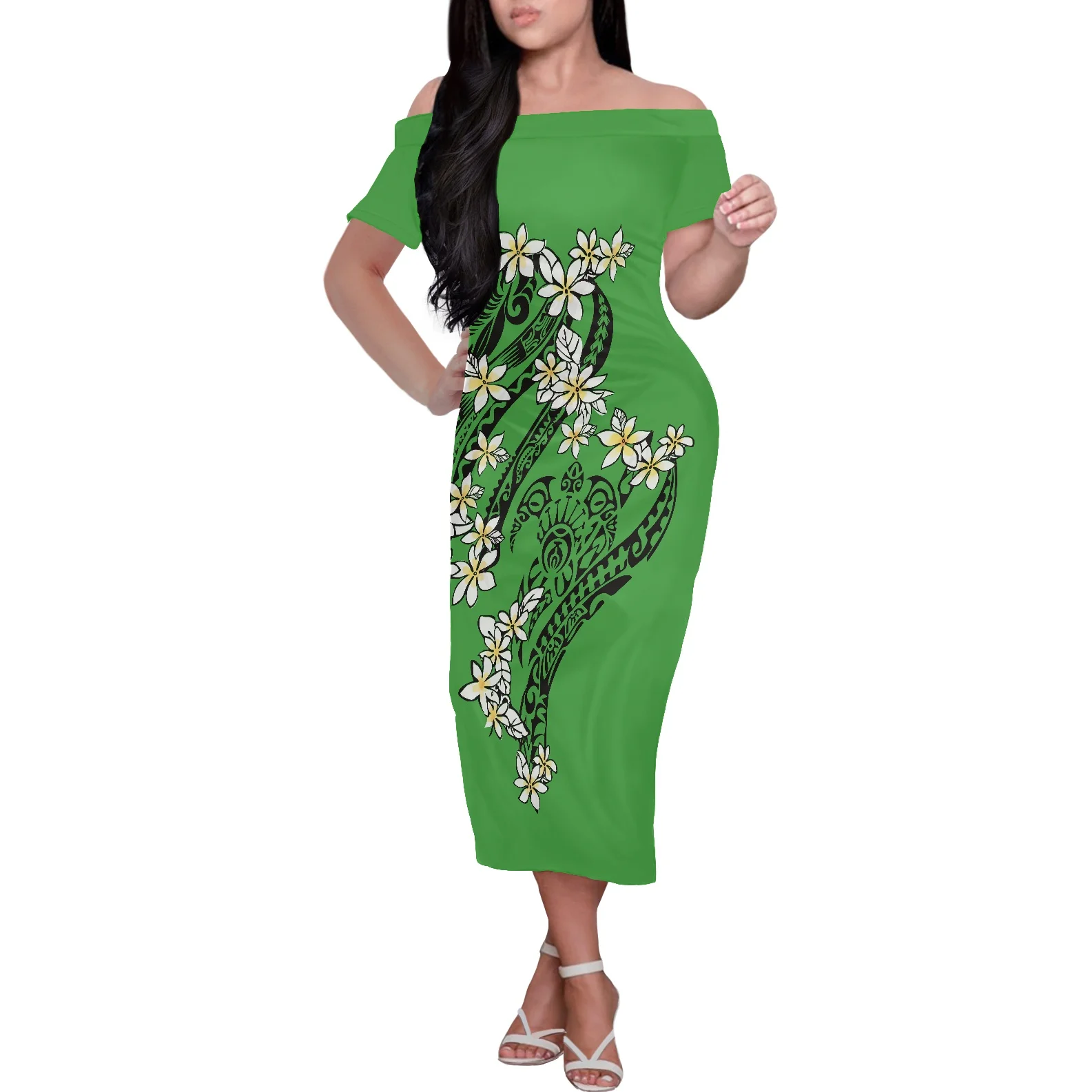 

Polynesian Tribe Dress Elegant Women's Short Sleeve Turtle Hibiscus Flower Printing Long Dress 2022 Women Off Shoulder Dress