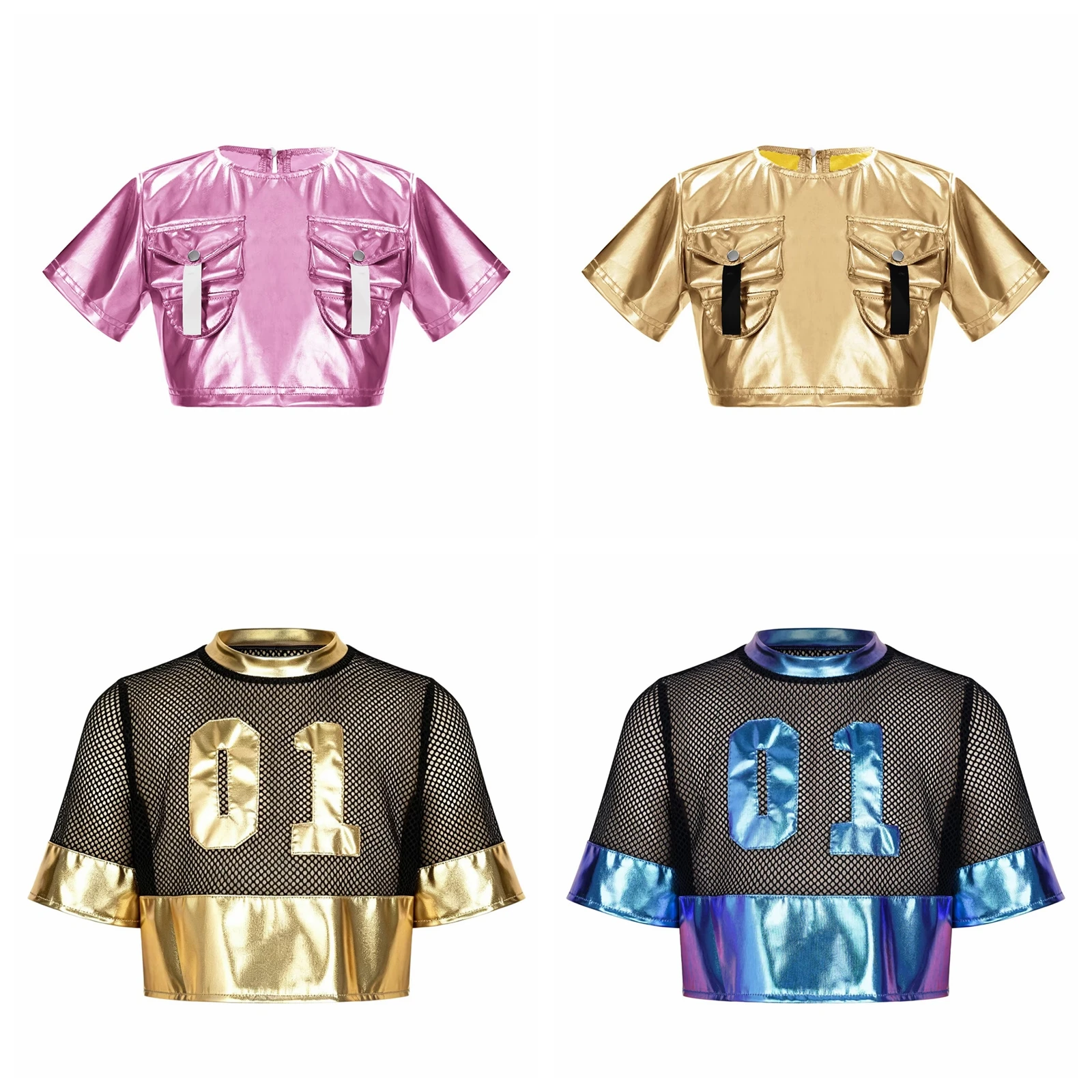Kids Girls T-shirts Hip Hop Clothes Fashion Metallic Crop Top Children Short Sleeve T-shirt for Hip Hop Jazzz Dance Costume