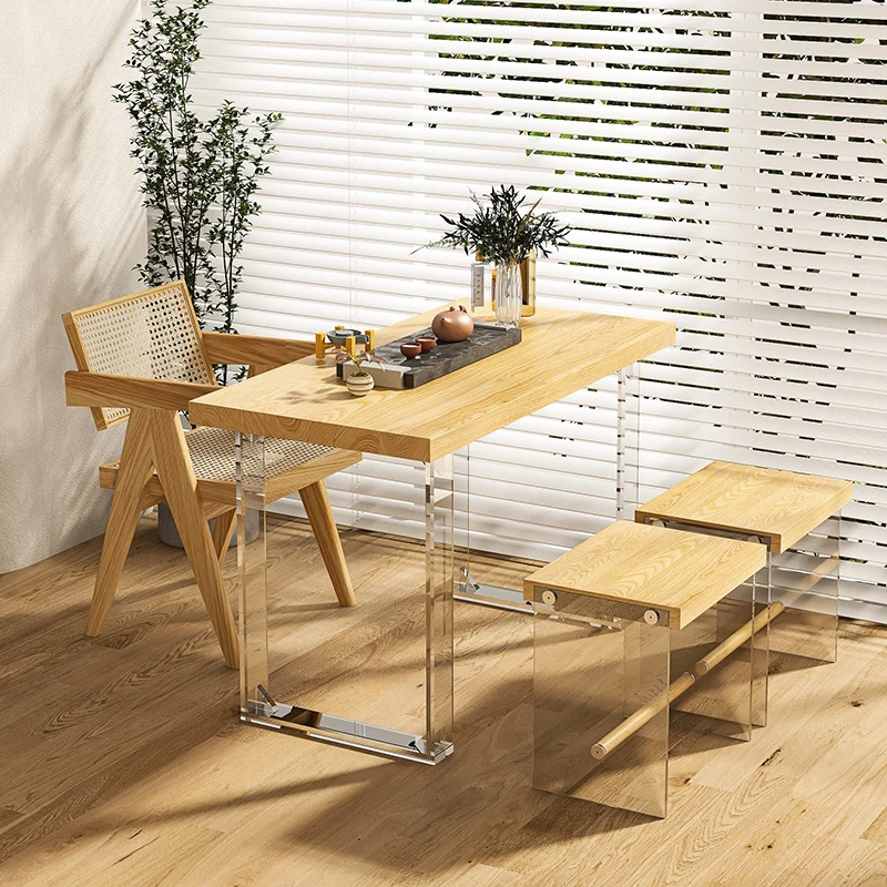 

Solid Wood Table-Chair Set White Wax Wood Large Board Log Household Small Apartment Acrylic Suspension Balcony Tea Table