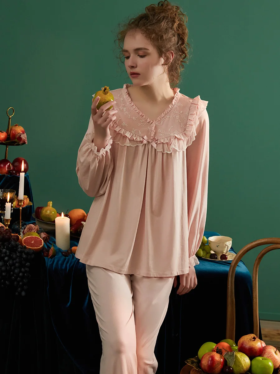 

New Vintage Soft Cotton Pajamas Sets For Women Long Sleeve Delicate Elegant Sweet Sleepwear Suits Spring Autumn Bride Nightwear