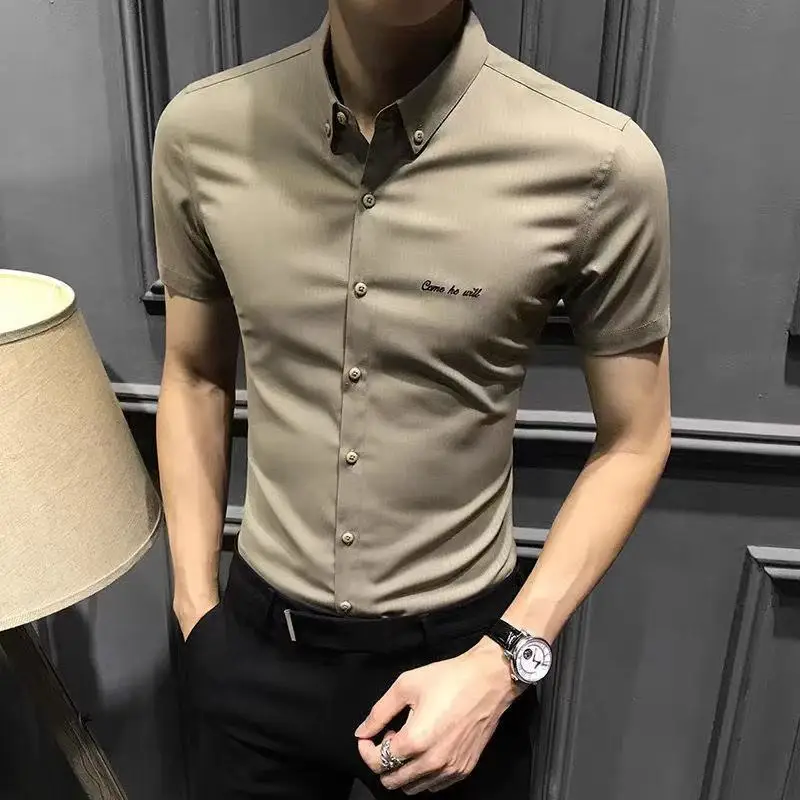 New Spring and Summer Men's Shirt   Short-sleeved Stretch Shirt High End Stripe Leisure Business Slim Fit Non-iron Top