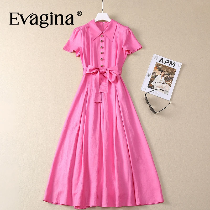 

Evagina Spring/Summer New Fashionable Women's Lapel Temperament Bright Metal Buckle Tie Up Waist Folding Large Swing Dress