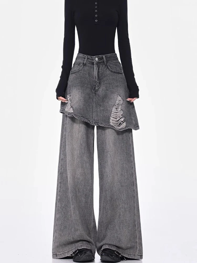 

Vintage Hole Women Jeans Y2K Streetwear Fake Two Pieces Hotsweet Wide Leg Denim Pants High Street Design Casual Mopping Trouser