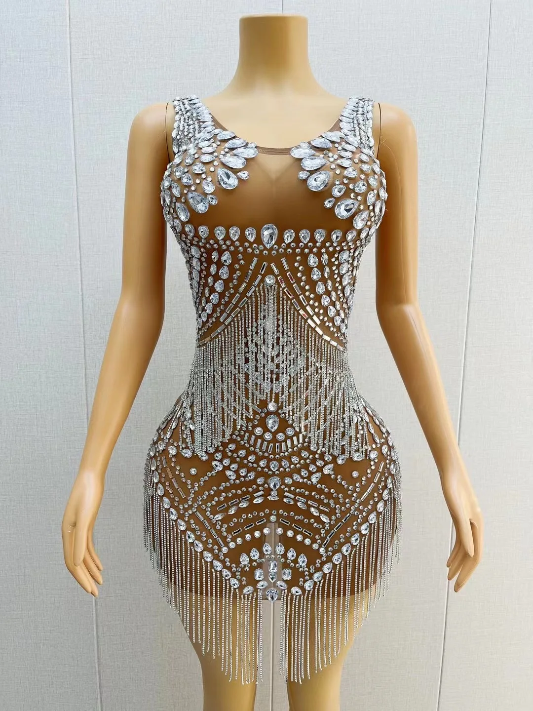 

Bling Silver Crystals Chains Dress Sexy SeeThrough Mesh Costume Stage Wear WomenSinger Show Rhinestones Outfit songhua C093