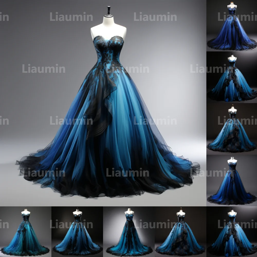 Blue Tulle And Black Strapless Evening Dress Prom Gowns A Line Full Length Formal Brithday Party Occasion Lace Up Hand Made A2-1