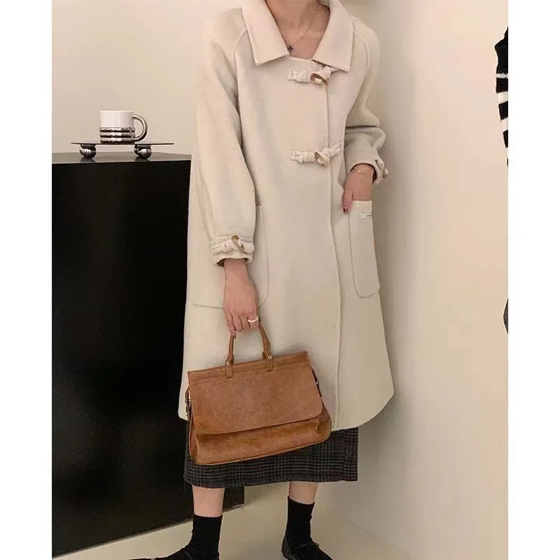 2023 autumn and winter new long-haired horn buckle double-sided wool coat women's Korean version loose temperament high-end