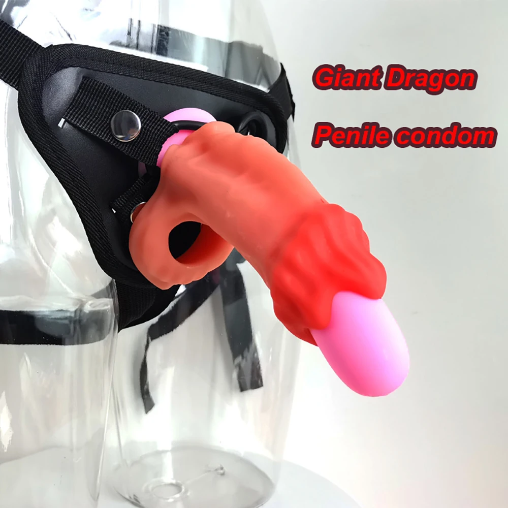 Giant Dragon Add Hardness Big Penile Condom Lock Cock Ring Penile Enlargers Wearable Erectile Dysfunction Condom Big Dick sleeve