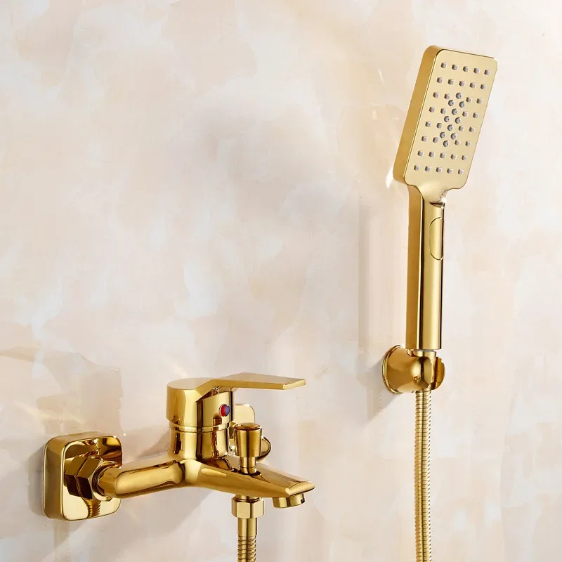 

Set Wall Mounted Gold Faucet, Bathroom Cold and Hot Bath and Shower Mixer Taps Brass