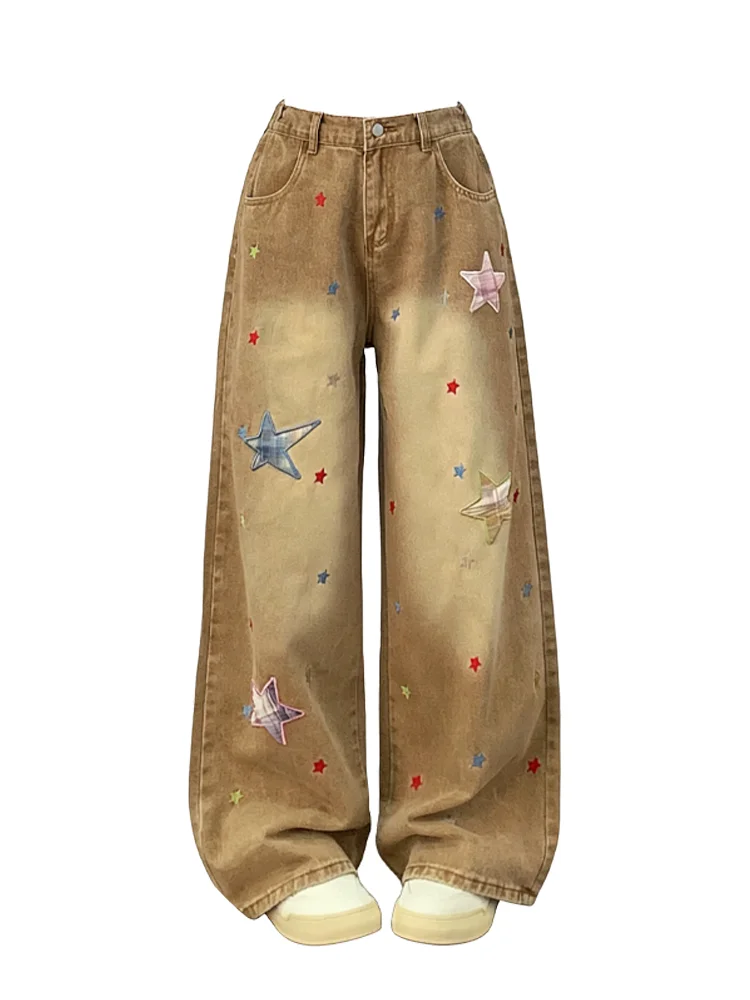 

Women's Brown Casual Denim Jeans Star Cargo Y2K Harajuku High Street 2000S Style Cute Retro Wide Leg Jeans Long Pants Clothing