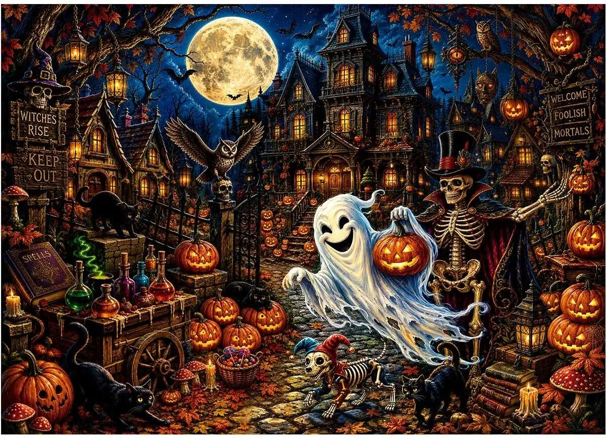 Halloween Haunted House Jigsaw Puzzle for Adults, Spooky Ghost Skeleton Pumpkin Moon Puzzle, Challenging Family Game Art Puzzle