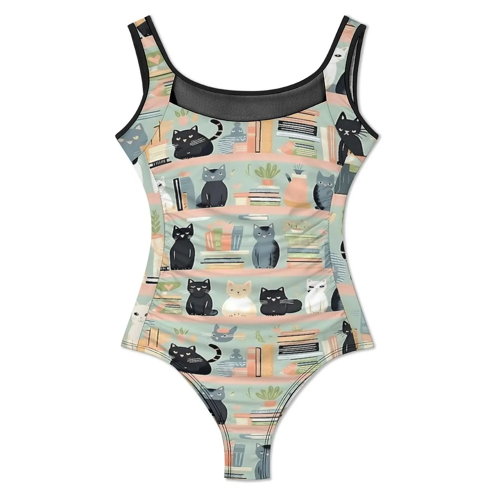 Cute Library Cat Swimsuit Cats In Library Books One-Piece Swimwear Push Up Classic Bathing Suit Sexy Holiday Design Bodysuit