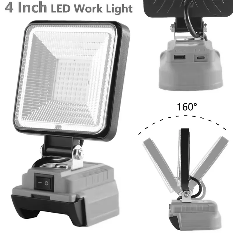 Cordless LED Light for Dewalt 18V Li-ion Battery Emergency Outdoor Flashlight with USB&Type-C Charging Port Flood Lights 4 Inch
