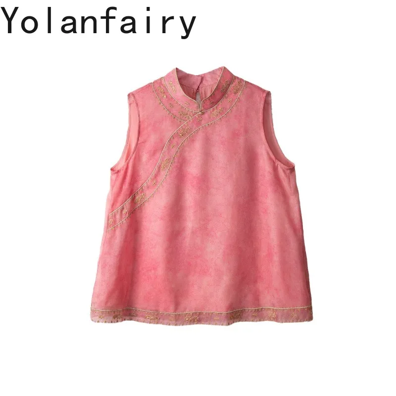 YOLANFAIRY 100% Mulberry Silk Organza Embroidered Tank Tops Woman Sleeveless Real Silk Blouse Womens top Summer Rose Red Shirt