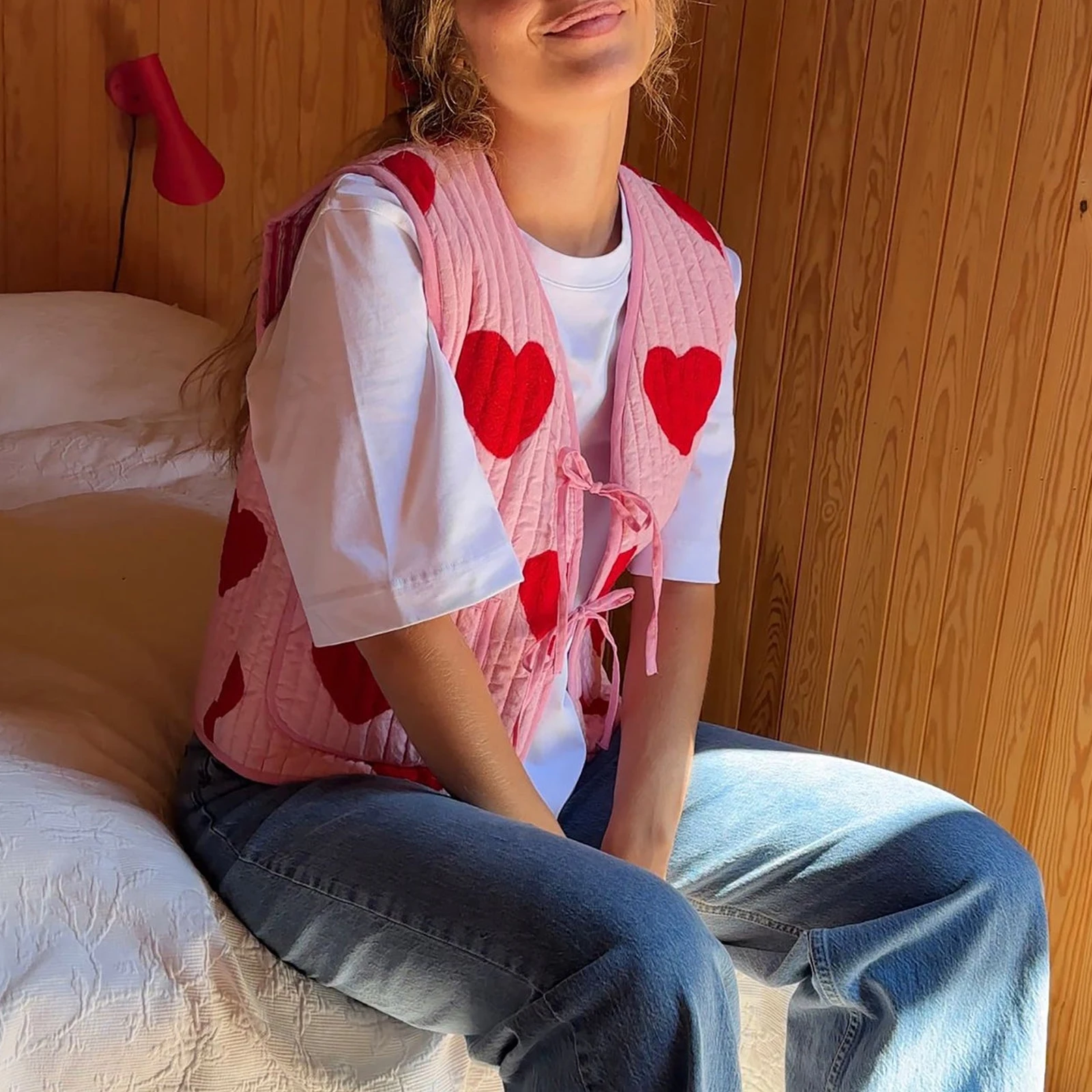 

V-Neck Winter Waistcoat Valentine's Day Sleeveless Jacket Coat Women Spring Jackets Vest Y2K Bow Tie Closure Heart Pattern