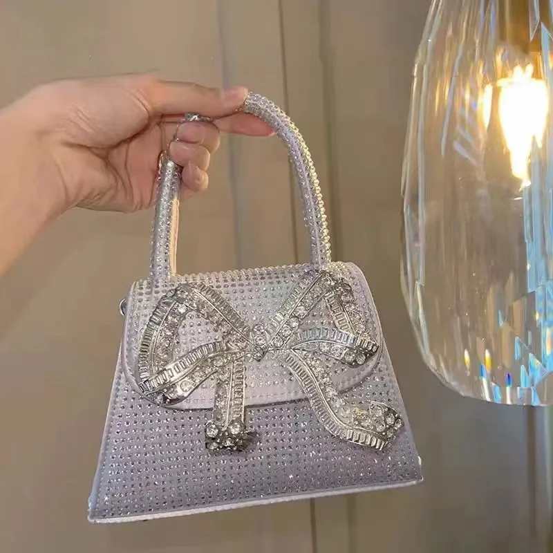 Shiny Rhinestone Evening Clutch Bags for Women, Bow Crystal Clip Purse, Luxury Designer Handbags, Wedding Party, High Quality