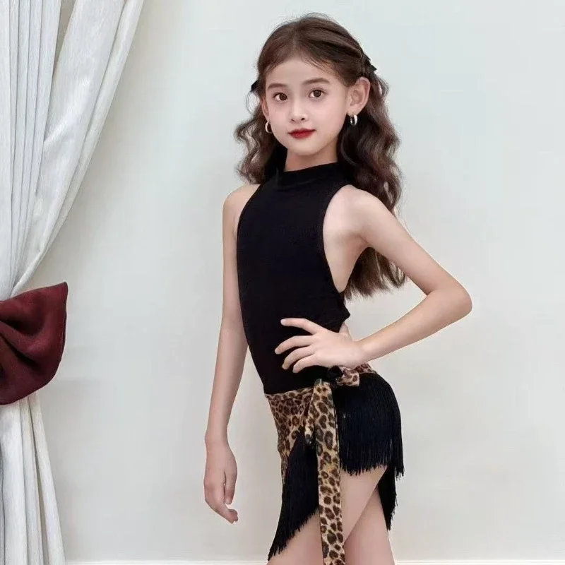 Summer Children Latin Dance Dress Clothing for Girls Practice Set Split Tassel Leopard Print Tight-fitting Skirt Practice Suit