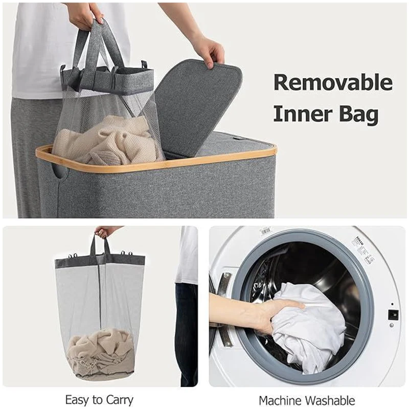 Oxford Foldable Laundry Basket with 2 Inner Removable Bags  Extra Large Laundry Hamper with Lid Dirty Clothes Basket view 5