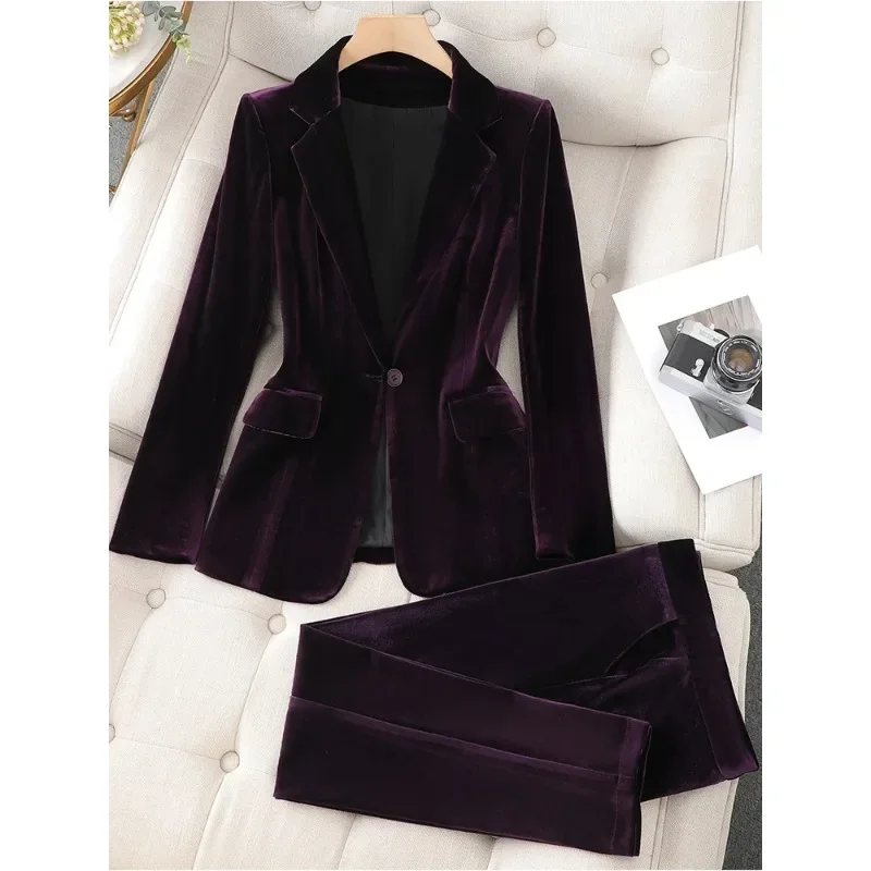 Blazer e calças femininas, conjunto formal de duas peças, calça sólida, roupa de negócios, roxo e azul, nova chegada, outono e inverno