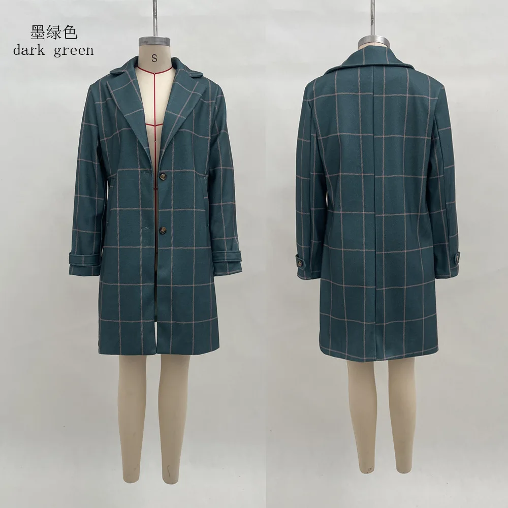 Retro Women's Plaid Coat Long Sleeve Fashion Button Pocket Fashion Simple Lapel Extra Long French Trench for Female