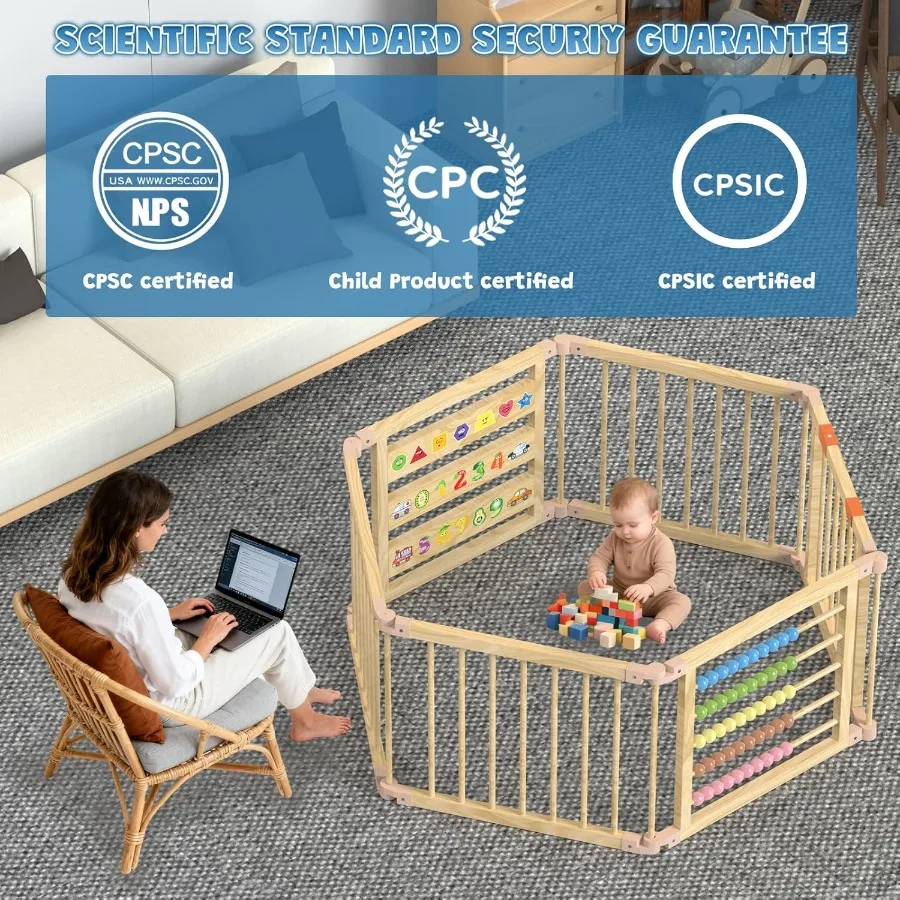 Foldable Wooden Baby Playpen with Gate, Wood Play Yard with Educational Abacus, Alphabet Board & Child Proof Lock, 57×30×23 inch