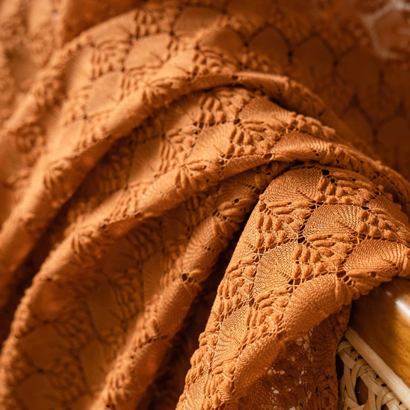Burnt Orange Curtain for Bedroom Living Room Crochet Lace Sheer Hollow Knitted Farmhouse Window Treatment Drapes