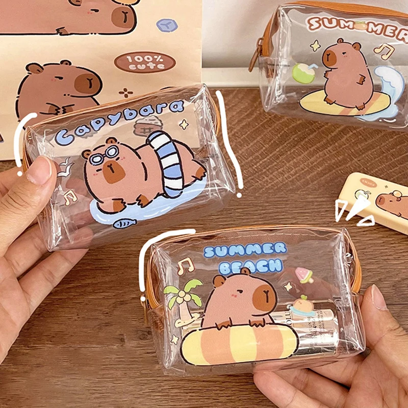 Bolsa de almacenamiento de monedas de Capybara, monederos transparentes con diseño de dibujos animados, billetera encantadora de PVC, bolsa transparente impermeable, bolsas cortas con cremallera