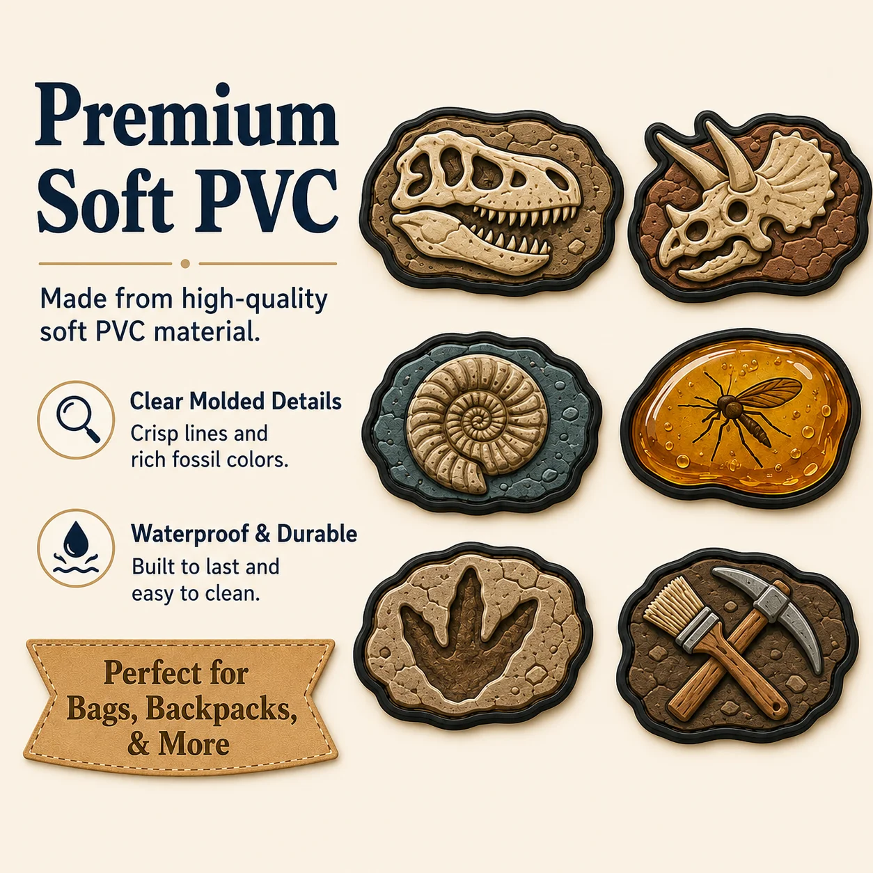 Custom Prehistoric PVC Patch Set Dinosaur Skeleton Fossil Amber Egg Fern Dig Tools Soft Rubber for Backpacks Jackets Hats