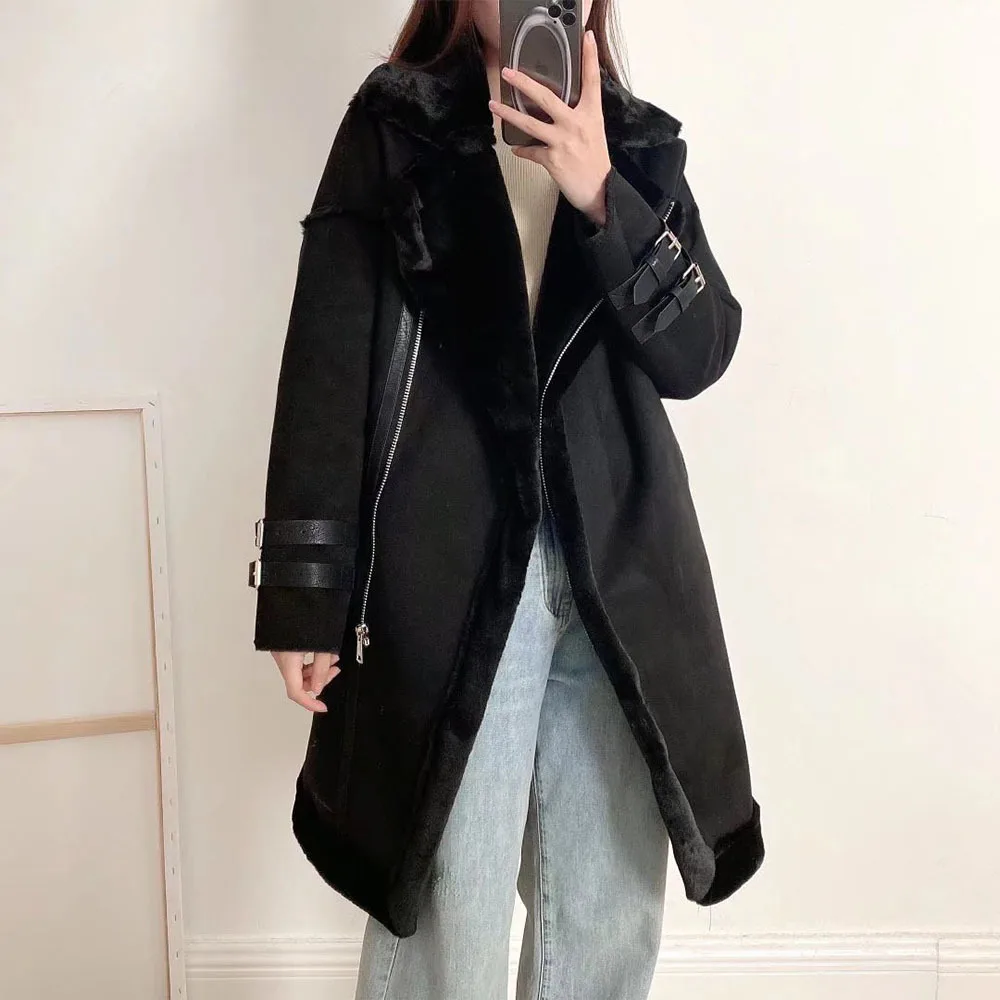 2023 Winter Women Fake Lambswool Long Coat Elegant Warm Long Suede Jacket Women Casual Brown Coats Femme Overcoat Streetwear